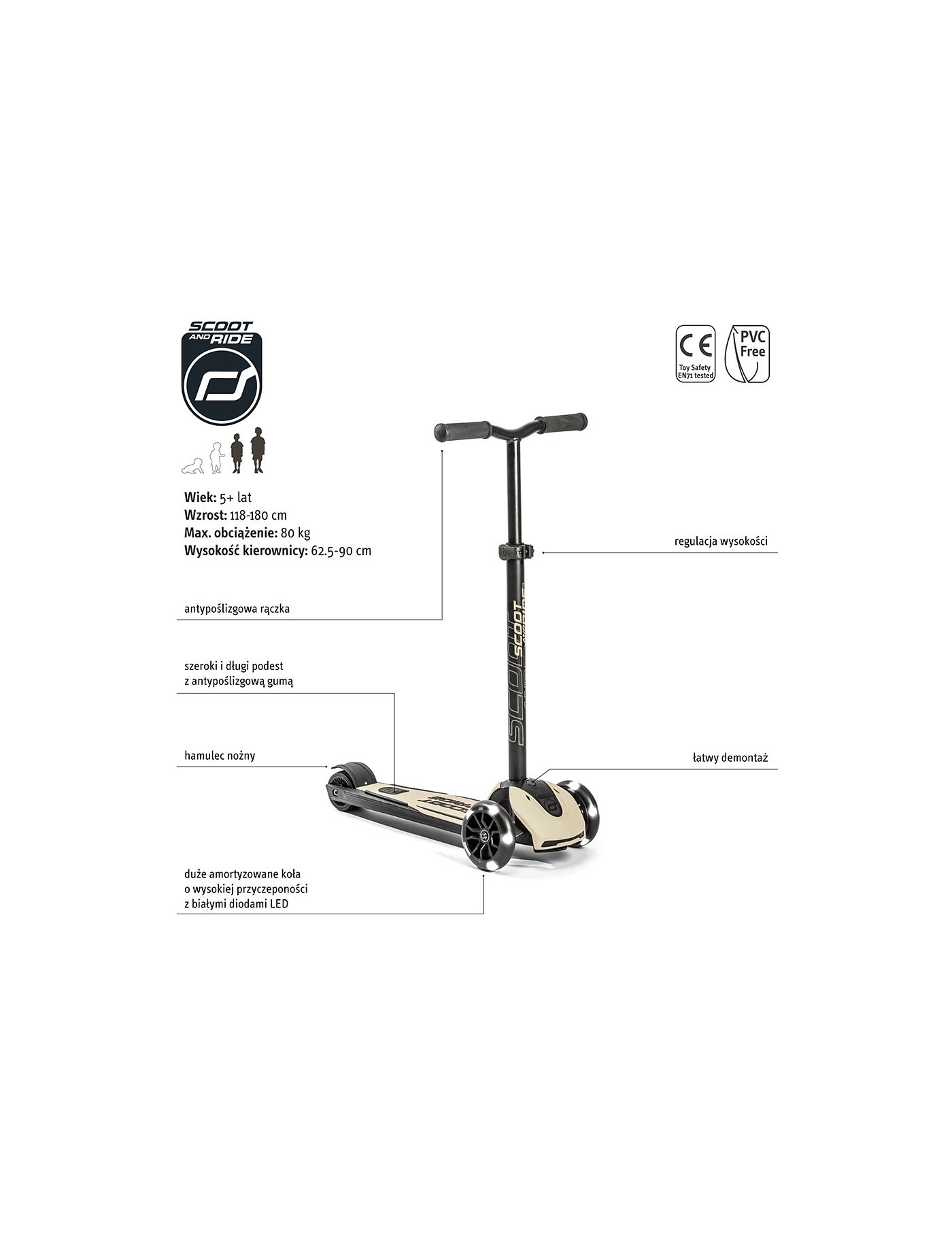 SCOOTANDRIDE Highwaykick 5 LED Hulajnoga trójkołowa balansowa ze świecącymi kółkami 5+ Ash
