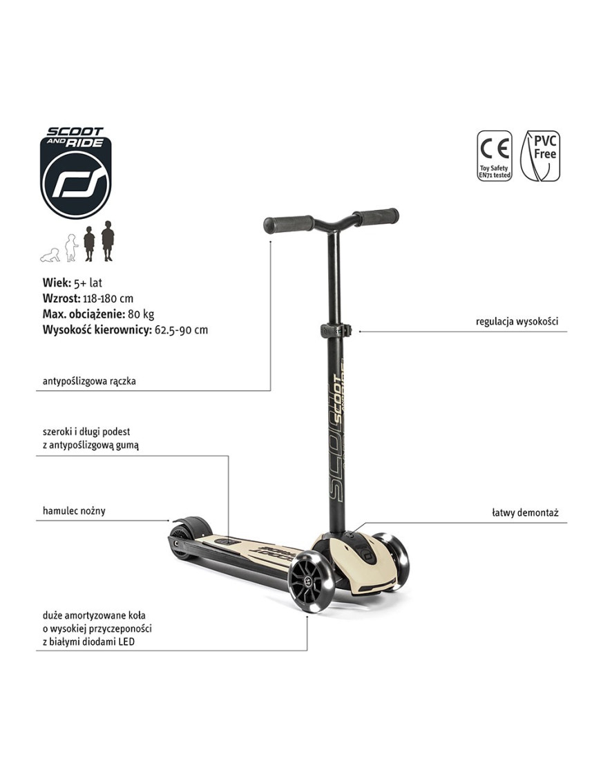 SCOOTANDRIDE Highwaykick 5 LED Hulajnoga trójkołowa balansowa ze świecącymi kółkami 5+ Ash