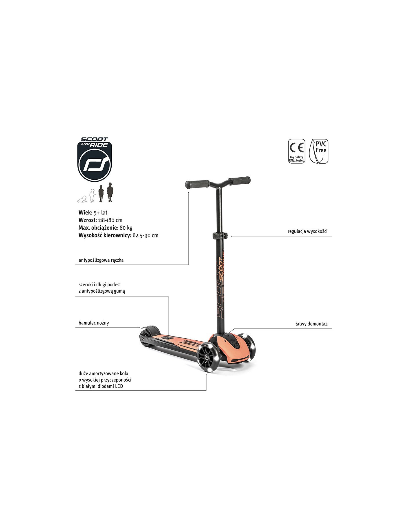 SCOOTANDRIDE Highwaykick 5 LED Hulajnoga trójkołowa balansowa ze świecącymi kółkami 5+ Peach