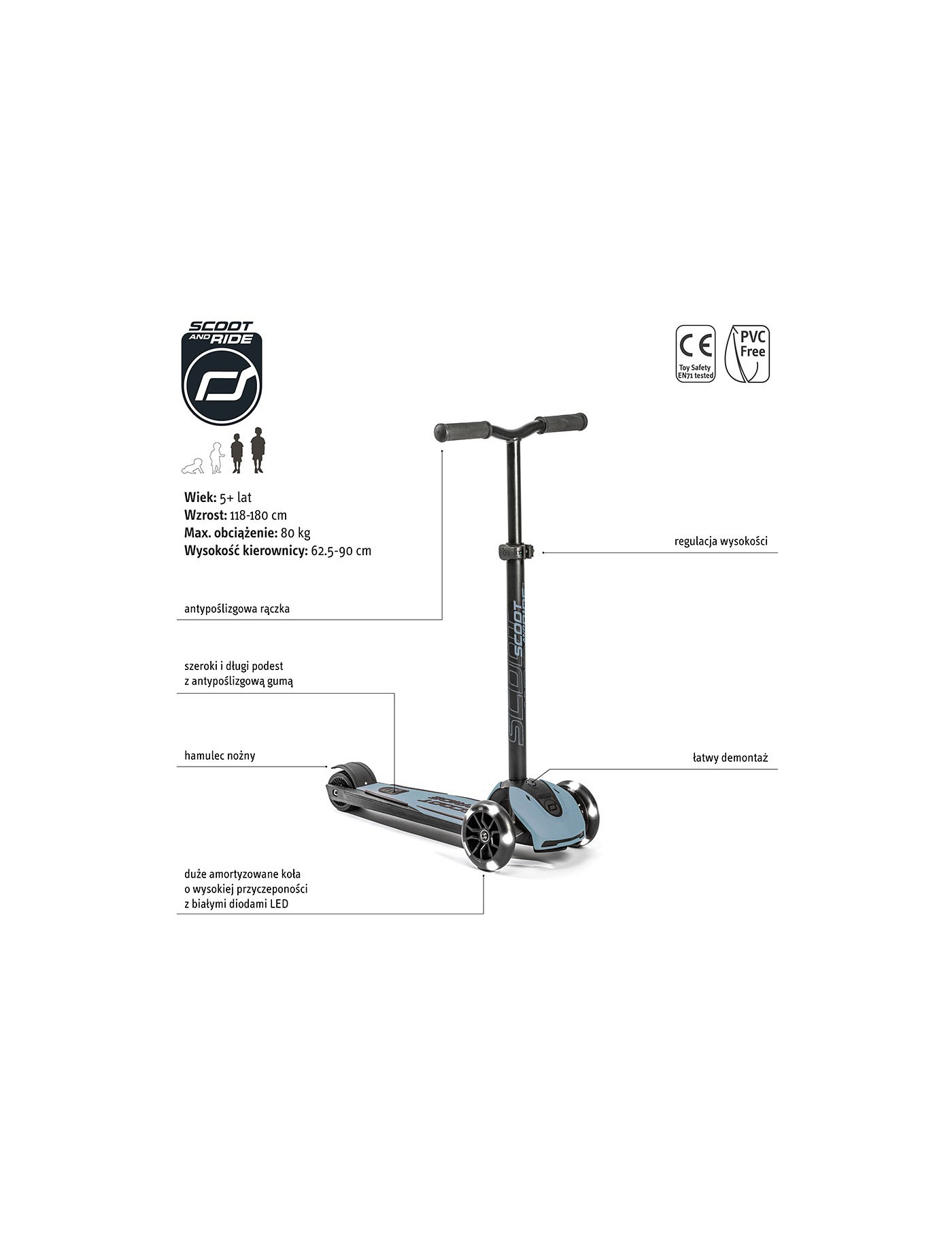 SCOOTANDRIDE Highwaykick 5 LED Hulajnoga trójkołowa balansowa ze świecącymi kółkami 5+ Steel