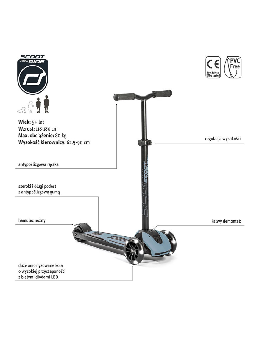 SCOOTANDRIDE Highwaykick 5 LED Hulajnoga trójkołowa balansowa ze świecącymi kółkami 5+ Steel
