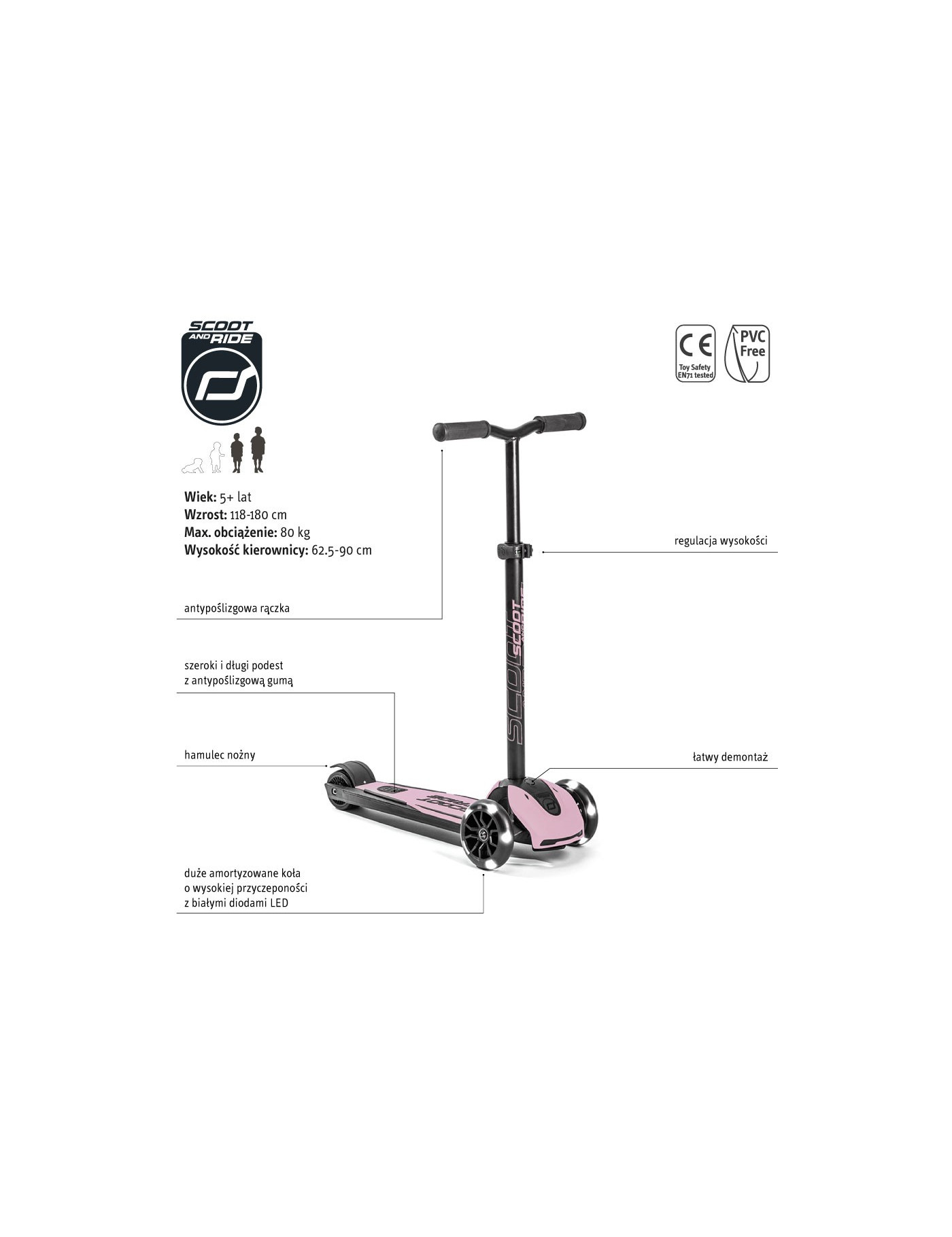 SCOOTANDRIDE Highwaykick 5 LED Hulajnoga trójkołowa balansowa ze świecącymi kółkami 5+ Rose