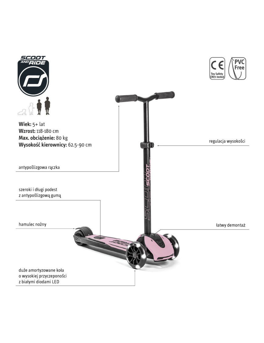 SCOOTANDRIDE Highwaykick 5 LED Hulajnoga trójkołowa balansowa ze świecącymi kółkami 5+ Rose