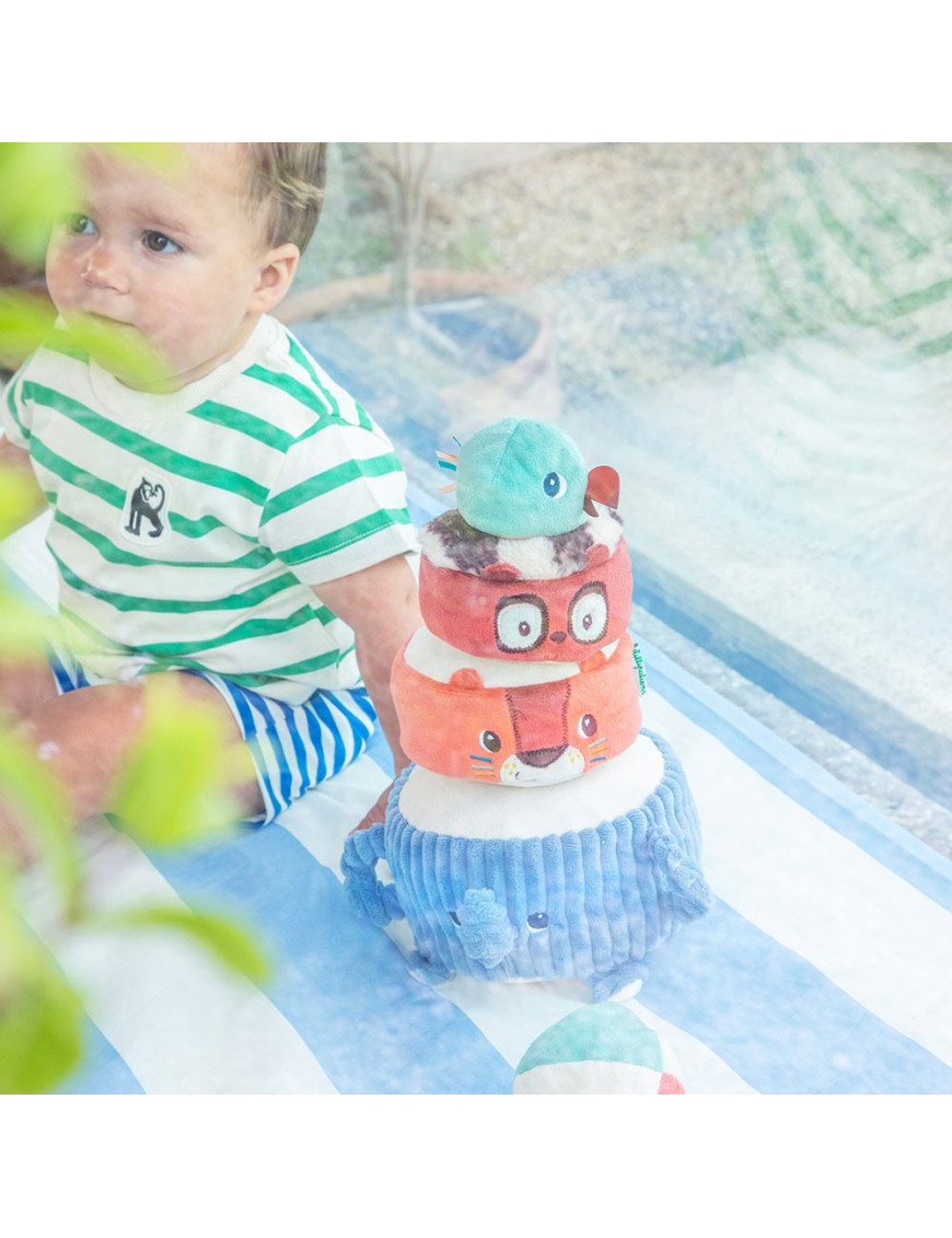 Lilliputiens Piramida dźwiękowa sensoryczne klocki z grzechotkami Zwierzątka 12m+