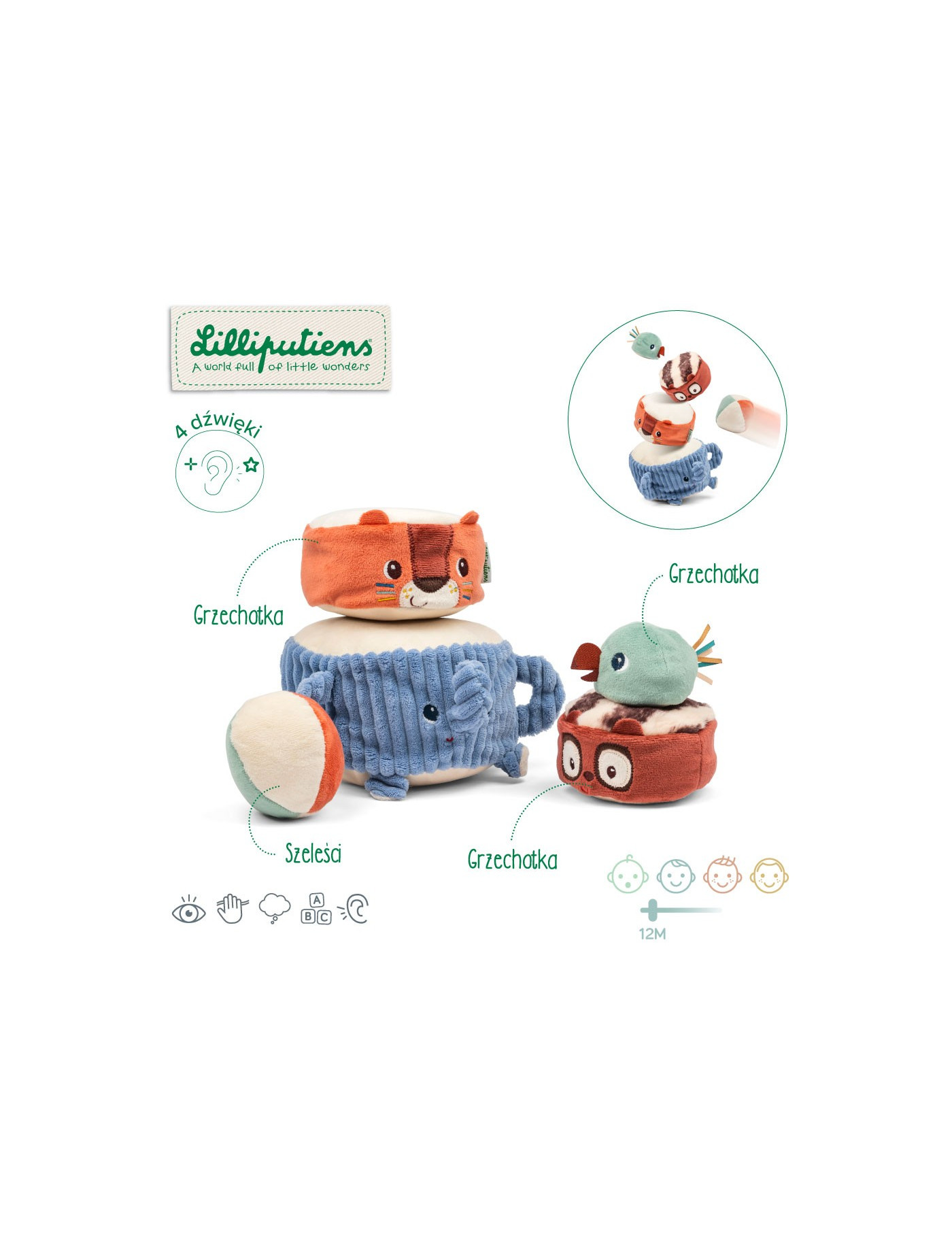 Lilliputiens Piramida dźwiękowa sensoryczne klocki z grzechotkami Zwierzątka 12m+