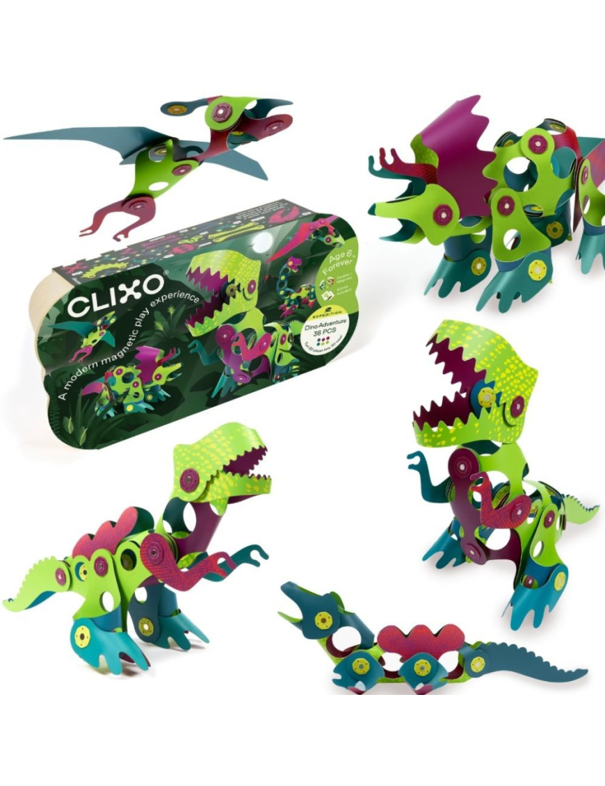 Clixo, zestaw klocków magnetycznych z motywem DINO, 36 elementów Clixo, zestaw klocków magnetycznych z motywem DINO, 36 elementów