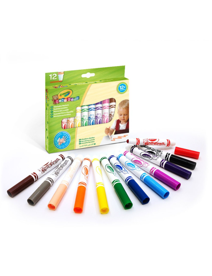 Crayola Flamastry mazaki dla dzieci zmywalne z płaską końcówką odporną na nacisk Mini Kids 12szt. 12m+