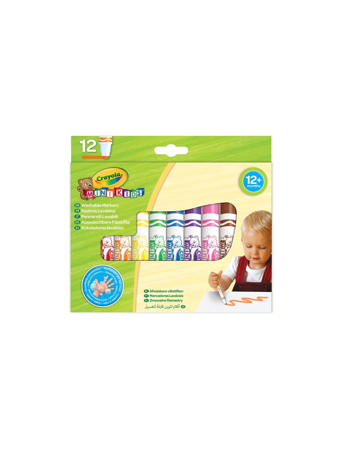 Crayola Flamastry mazaki dla dzieci zmywalne z płaską końcówką odporną na nacisk Mini Kids 12szt. 12m+
