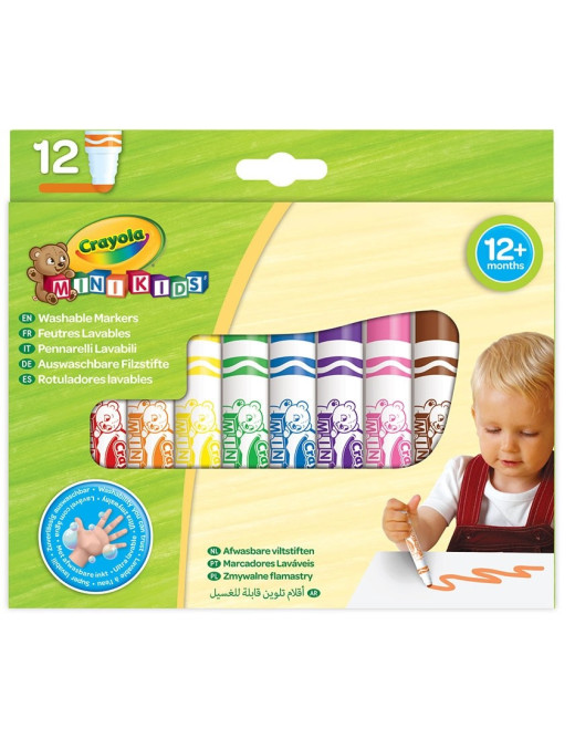Crayola Flamastry mazaki dla dzieci zmywalne z płaską końcówką odporną na nacisk Mini Kids 12szt. 12m+