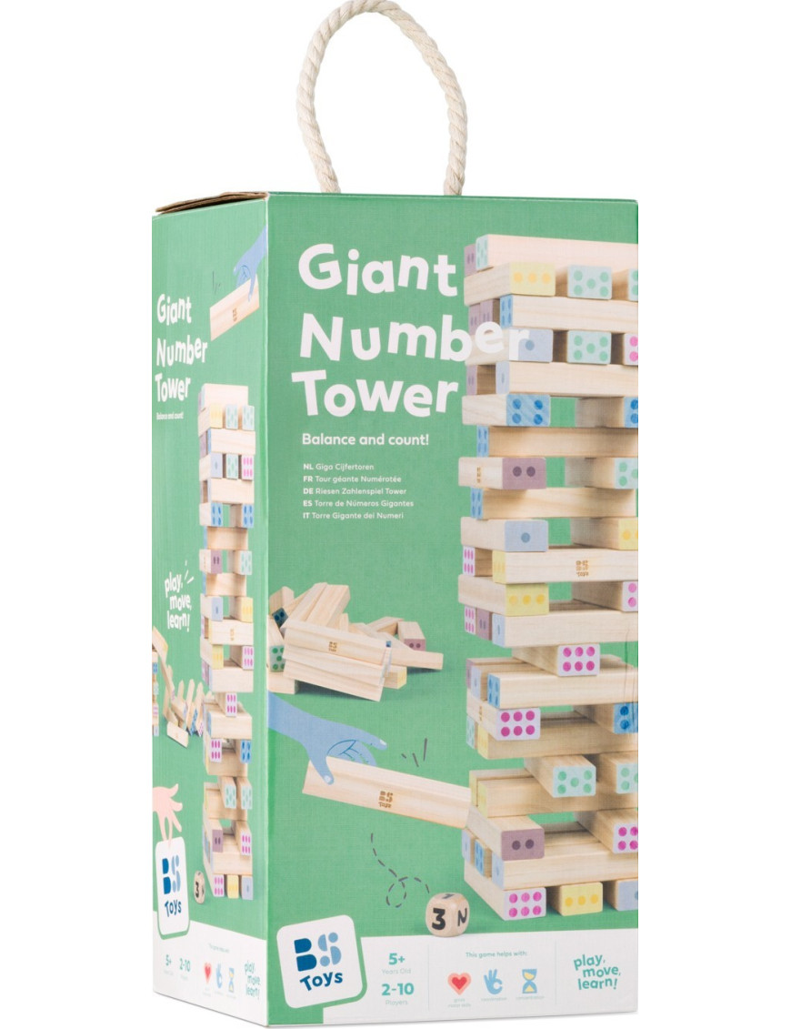 BS Toys, Duża wieża XXL – drewniana gra zręcznościowa z kostką, rozwój koordynacji i liczenia, 5+ BS Toys, Duża wieża XXL – drewniana gra zręcznościowa z kostką, rozwój koordynacji i liczenia, 5+