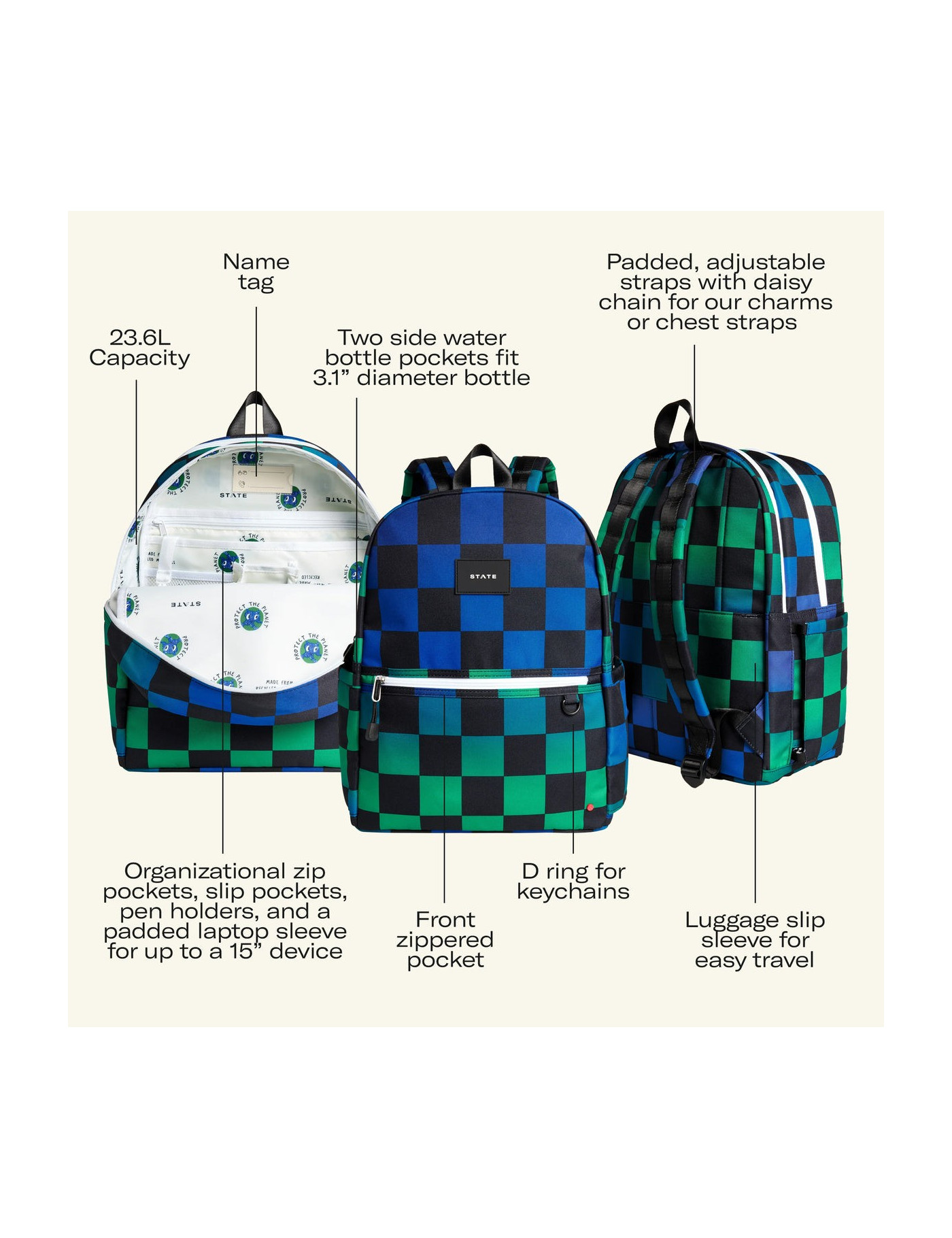 Plecak szkolny Kene Double Pocket Blue Checkerboard STATE BAGS Plecak szkolny Kene Double Pocket Blue Checkerboard STATE BAGS