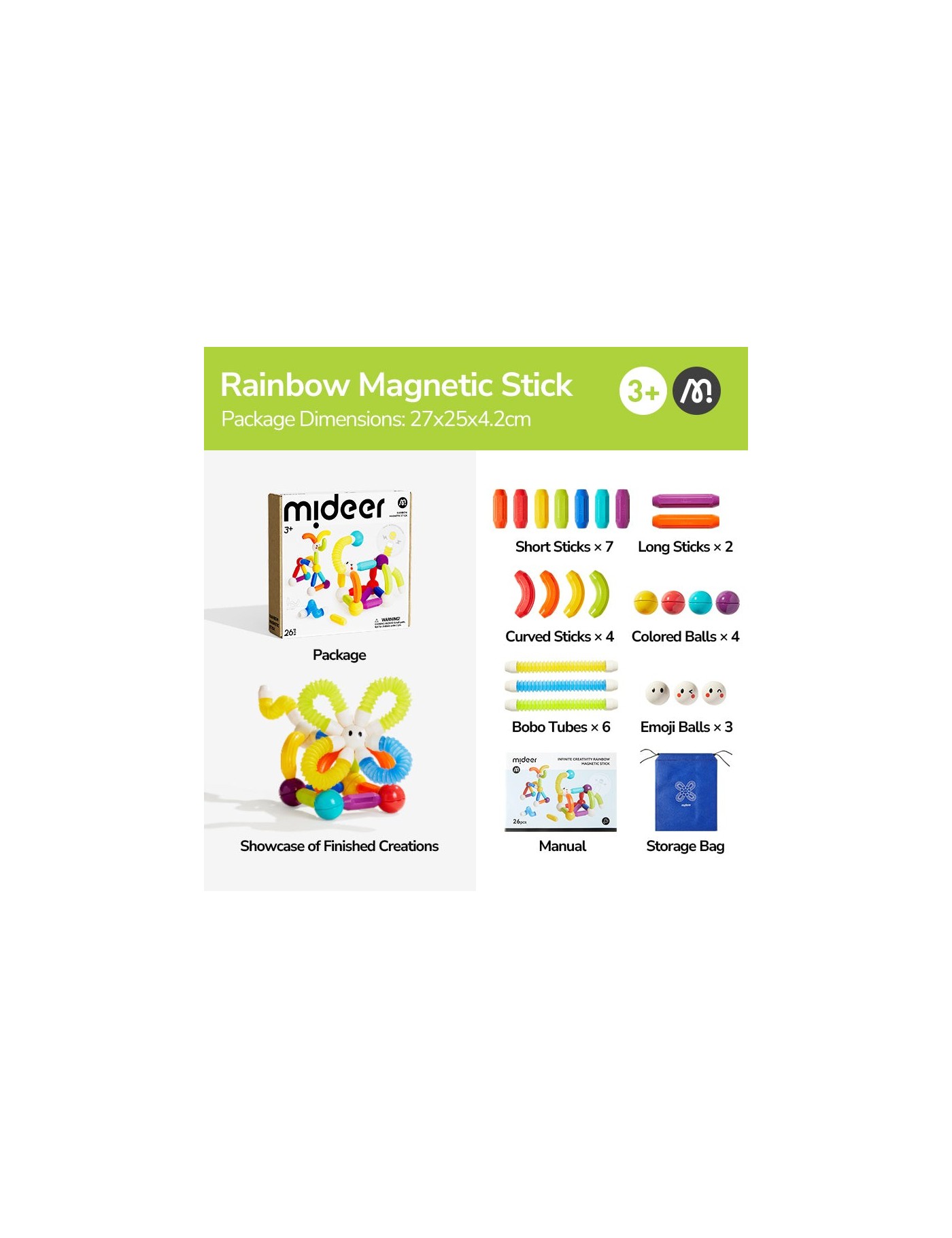 Mideer Magnetyczne Pałeczki Konstrukcyjne 26 el. | Ecobobo