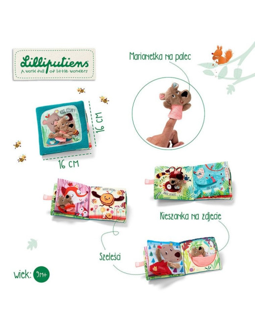 Lilliputiens, Książeczka z mini-pacynką na palec wielofunkcyjna "Buziaki dla Cezara" Niedźwiadek Cesar 12 m +