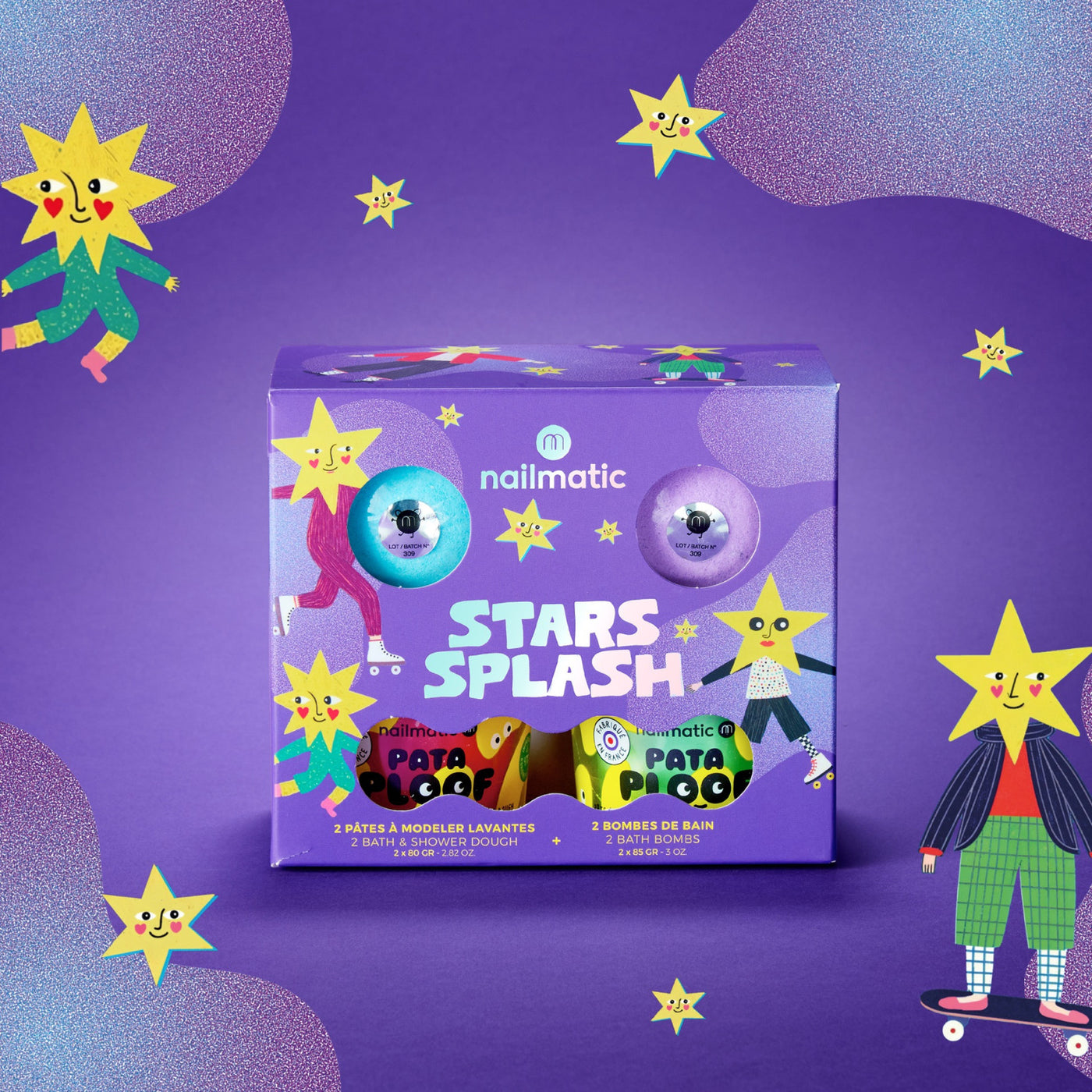 Nailmatic Zestaw prezentowy do kąpieli Stars Splash – myjąca ciastolina i kule, 4 szt. – zdjęcie aranżacyjne Nailmatic Zestaw prezentowy do kąpieli Stars Splash – myjąca ciastolina i kule, 4 szt.